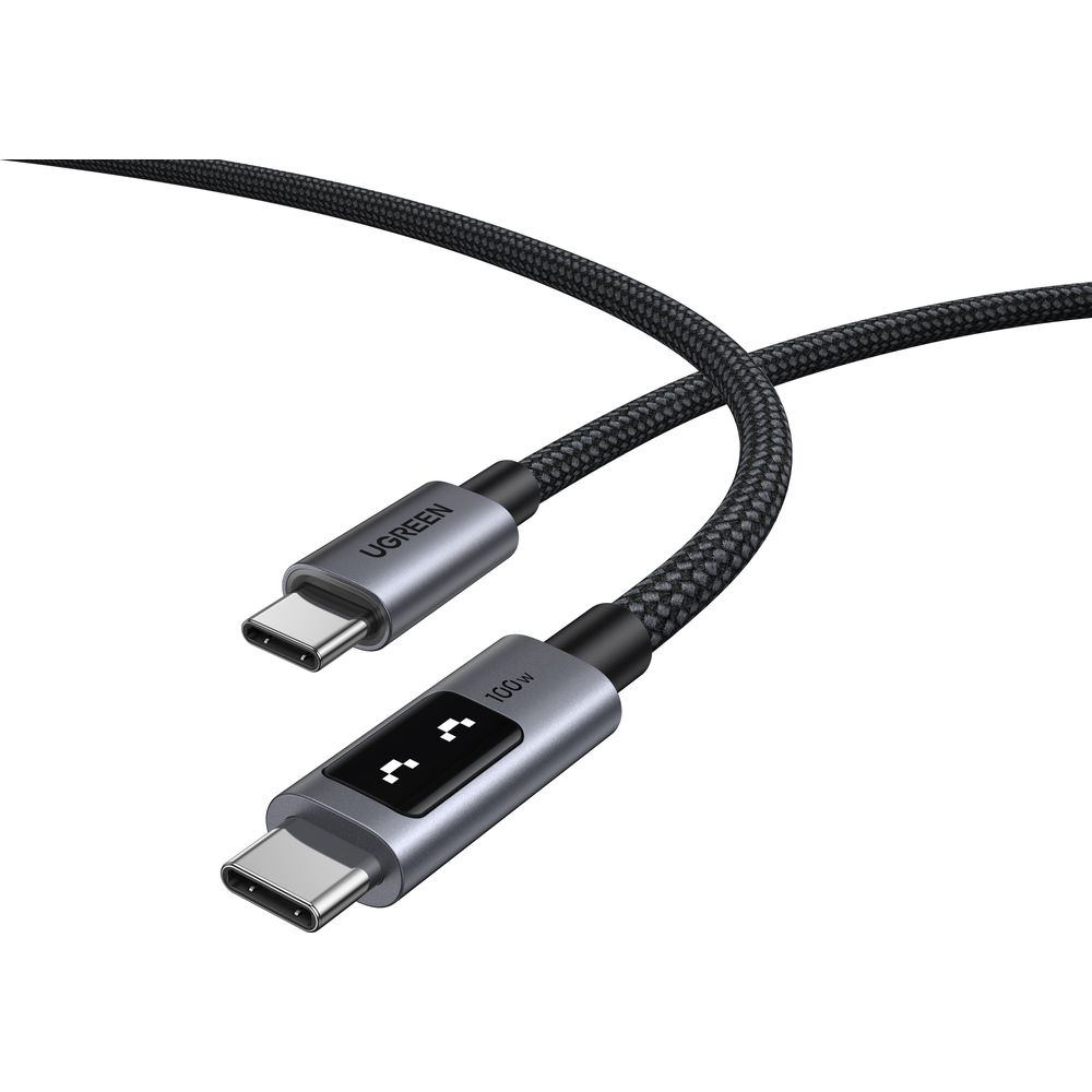 Un cavo USB-C nero con due connettori, uno mostra 100W.