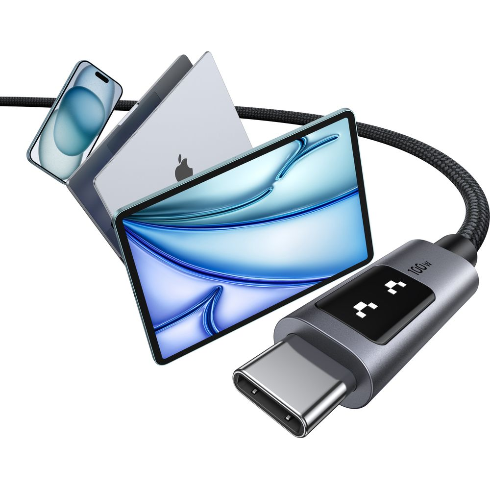 Cavo USB-C collega laptop, tablet e telefono. Display 100W.
