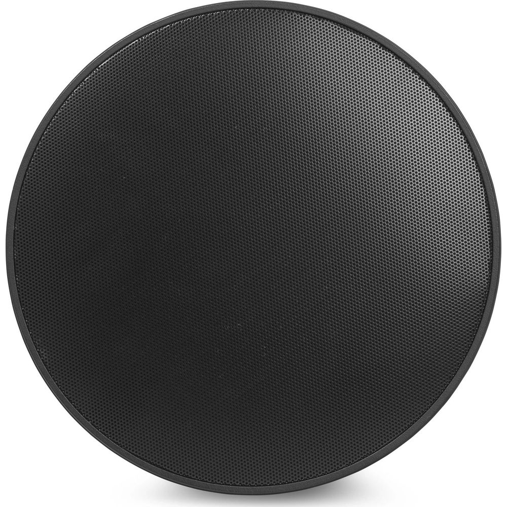 Un altavoz redondo negro con superficie perforada.