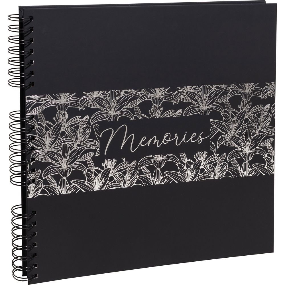 Álbum de recortes negro con patrón floral plateado y 