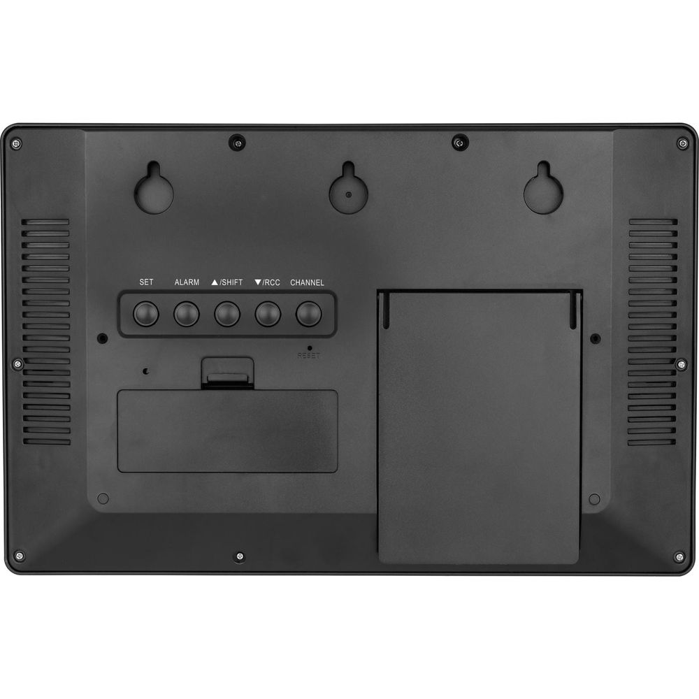 Rückseite eines schwarzen digitalen Geräts mit Knöpfen und Beschriftungen wie SET, ALARM, SHIFT, RCC, CHANNEL.