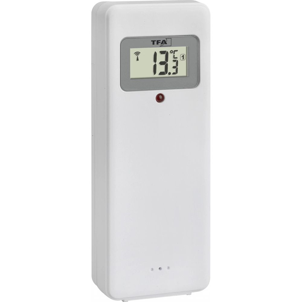 Ein weißes TFA-Digitalthermometer zeigt 13,3 Grad Celsius an.