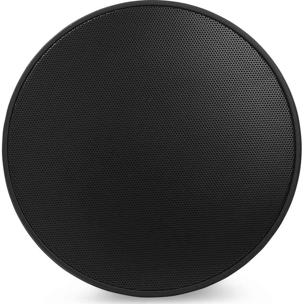 Altavoz redondo negro con frente perforado.