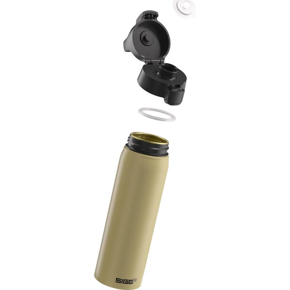 Ein beige Wasserflasche mit offenem schwarzen Deckel, Dichtung und Ring.