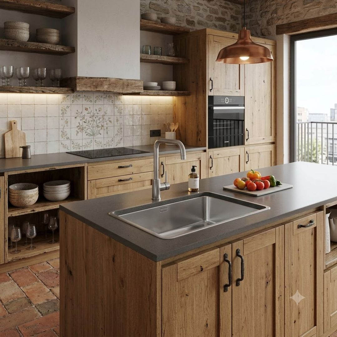 Una cucina rustica con mobili in legno, alzatina in pietra e una grande isola con lavello e verdure.