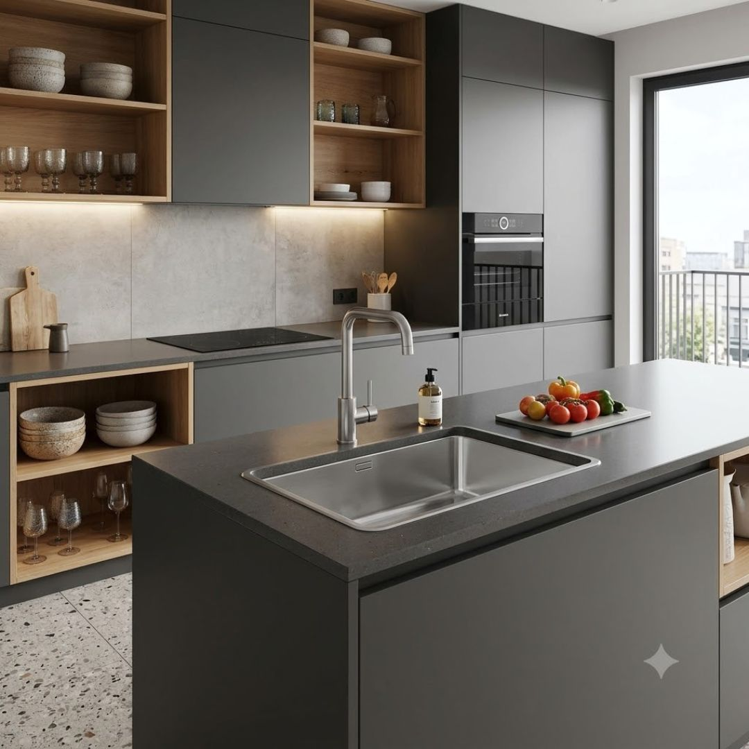 Moderna cucina grigia con isola, lavello, piano cottura e verdure su tagliere.