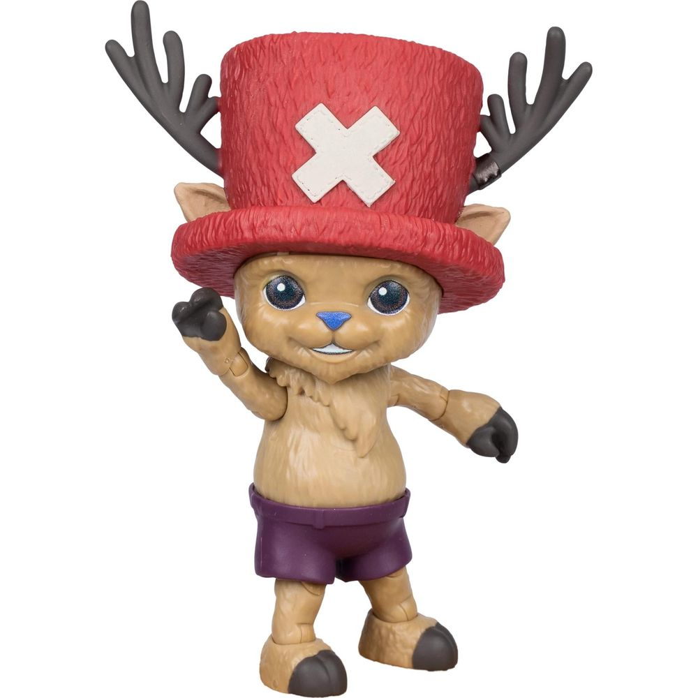 Eine braune Figur mit Geweih, trägt einen roten Hut mit einem weißen Kreuz und lila Shorts.
