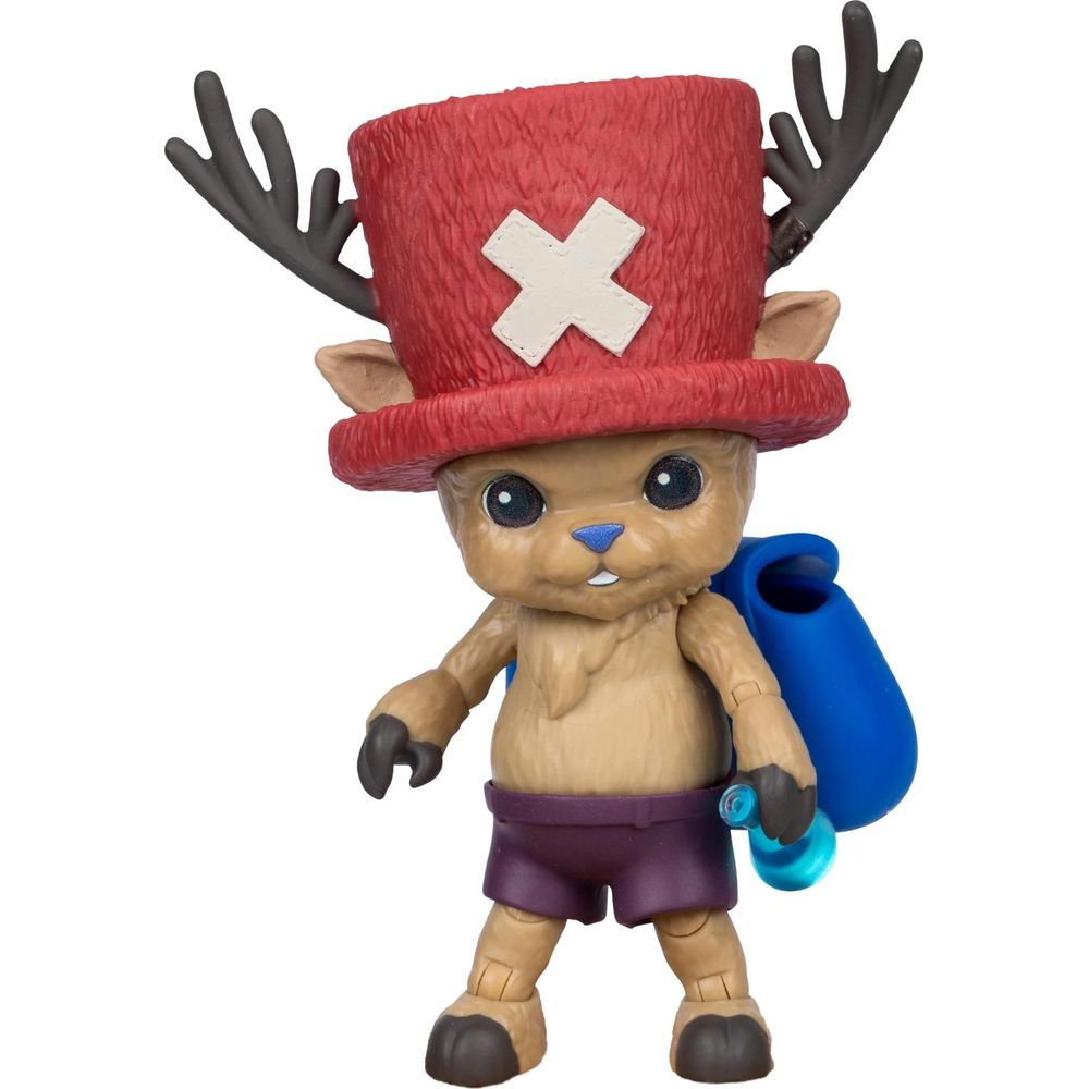 Eine Figur mit rotem Hut, Geweih, blauem Beutel und Flasche.