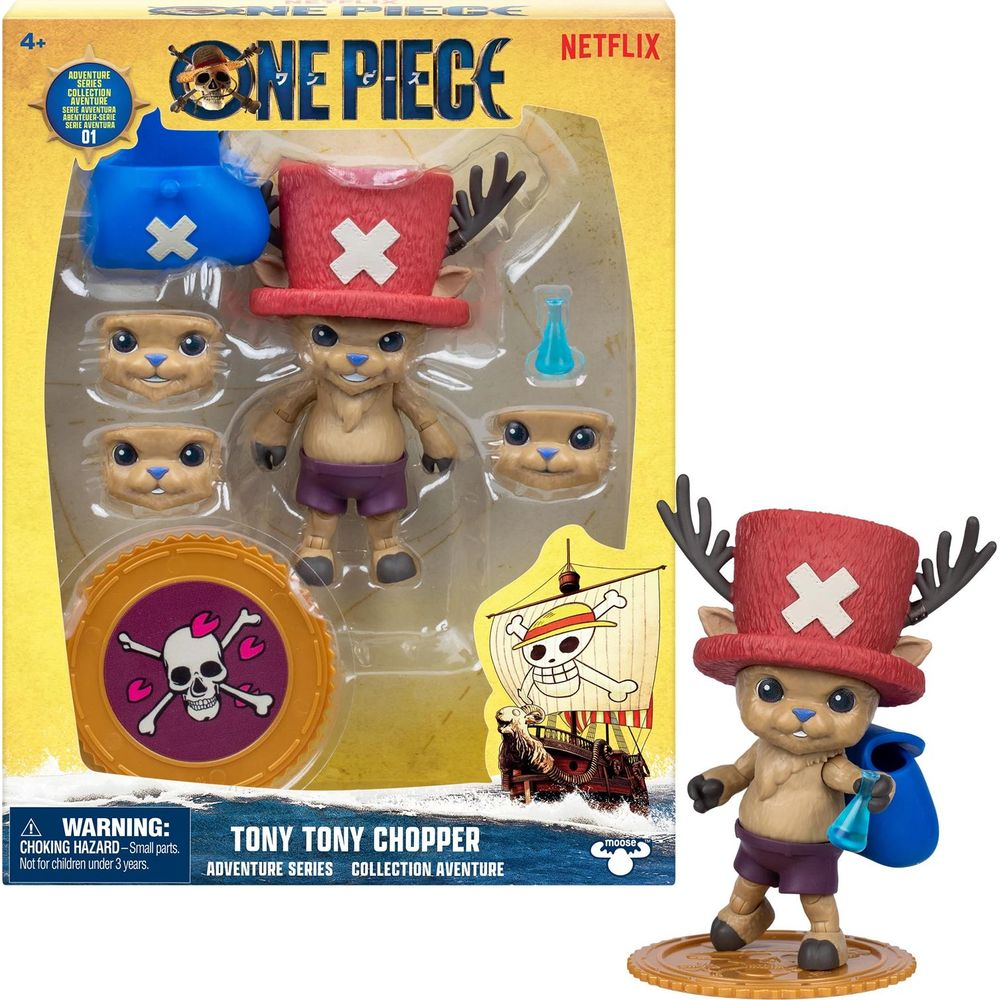 Tony Tony Chopper Figur mit Zubehör im Paket. Enthält verschiedene Gesichter und einen Piratenschiff-Aufdruck.