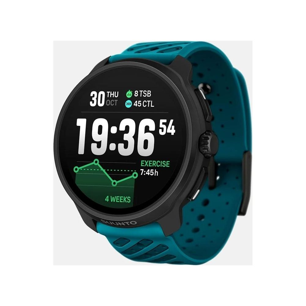 Eine tealfarbene Smartwatch mit schwarzem Zifferblatt zeigt Uhrzeit, Datum und Trainingsdaten an.
