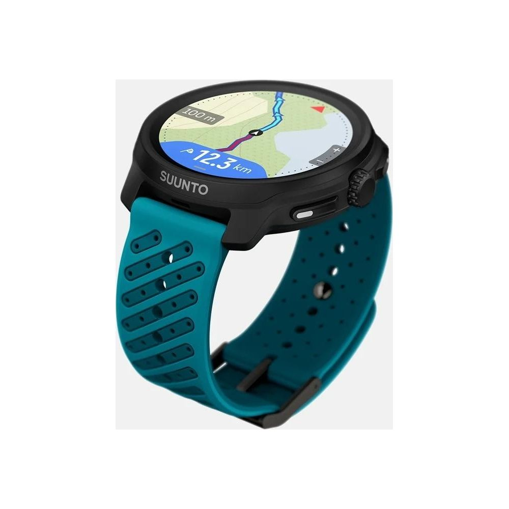 Eine schwarze Suunto-Smartwatch mit türkisfarbenem Armband zeigt eine Karte und 12,3 km an.