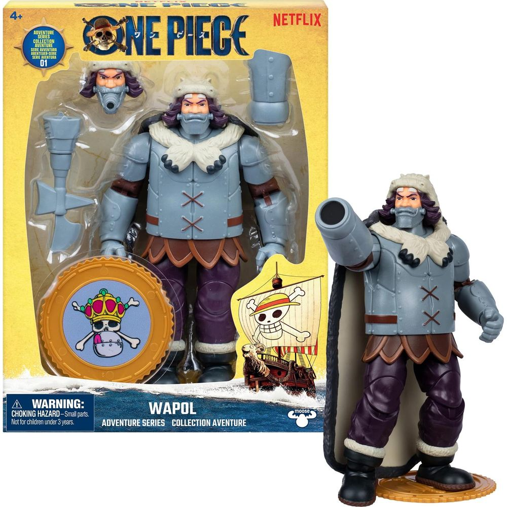 One Piece Wapol Actionfigur in Verpackung mit Zubehör und Schiff.