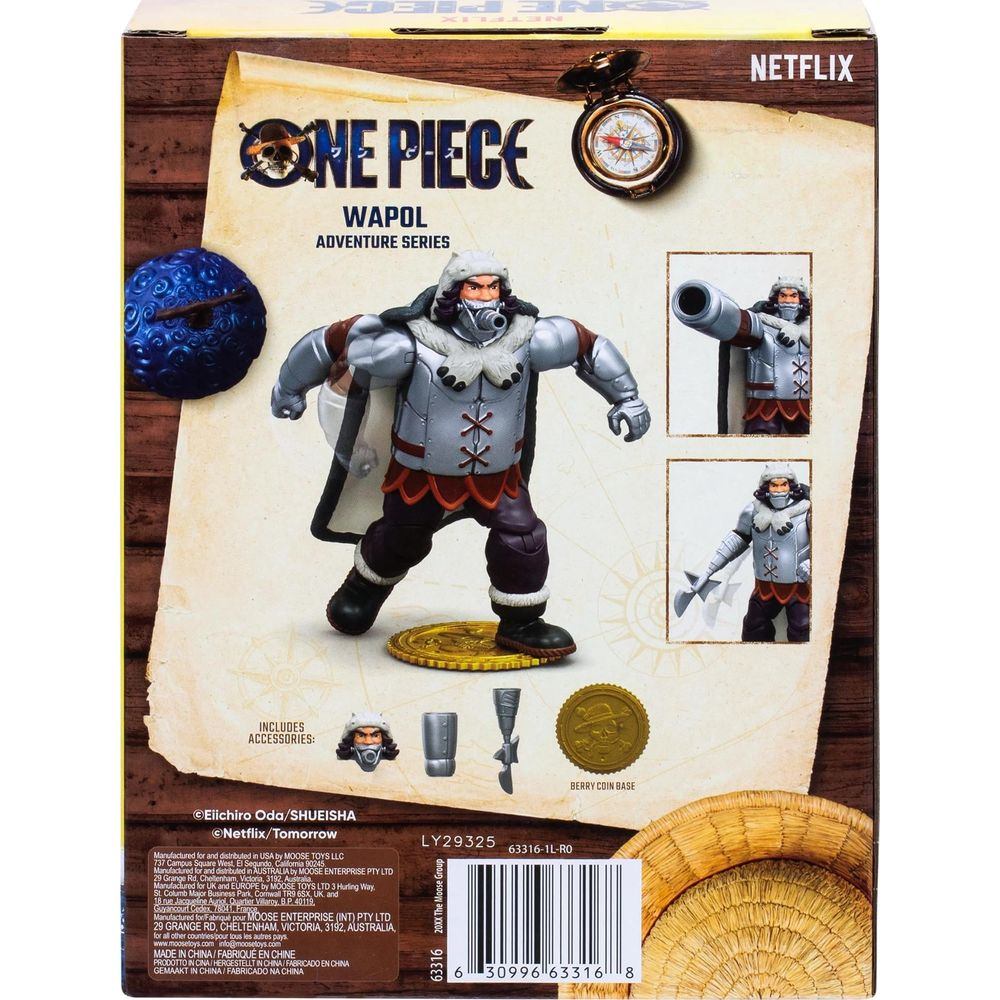 One Piece Actionfigur von Wapols Abenteuerserie mit Zubehör und Kompass auf der Verpackung.