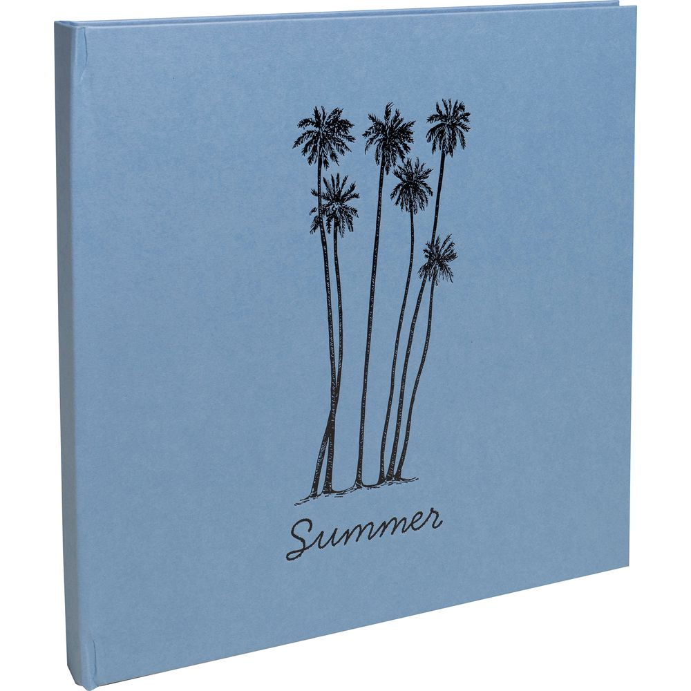 Un libro azul claro con palmeras y la palabra "Verano".