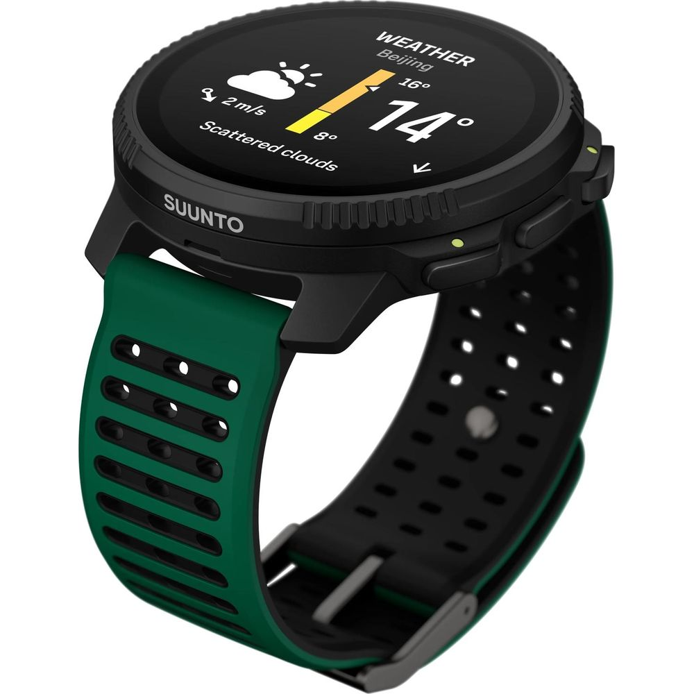 Uno smartwatch nero con cinturino verde mostra il meteo a Pechino.
