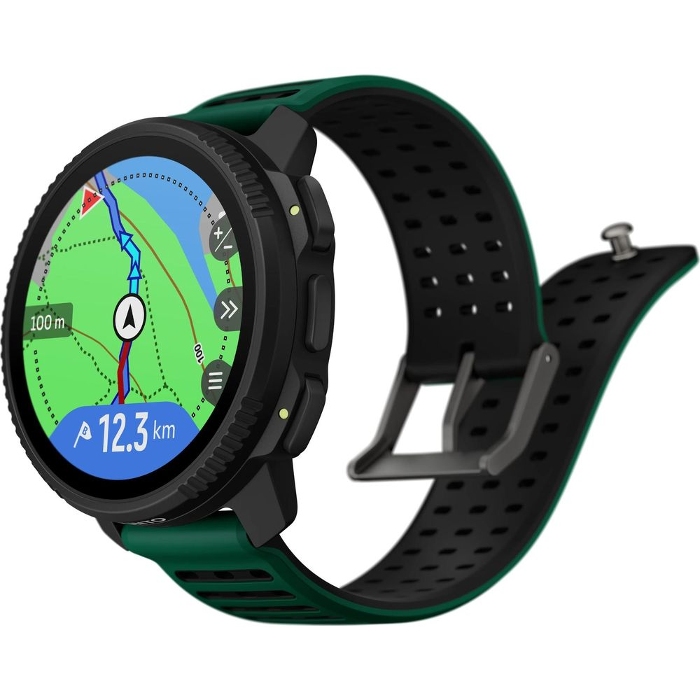 Un orologio sportivo verde con mappa di navigazione e 12,3 km.