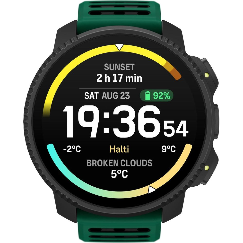 Orologio smart moderno con quadrante scuro, ora 19:36, data e meteo.