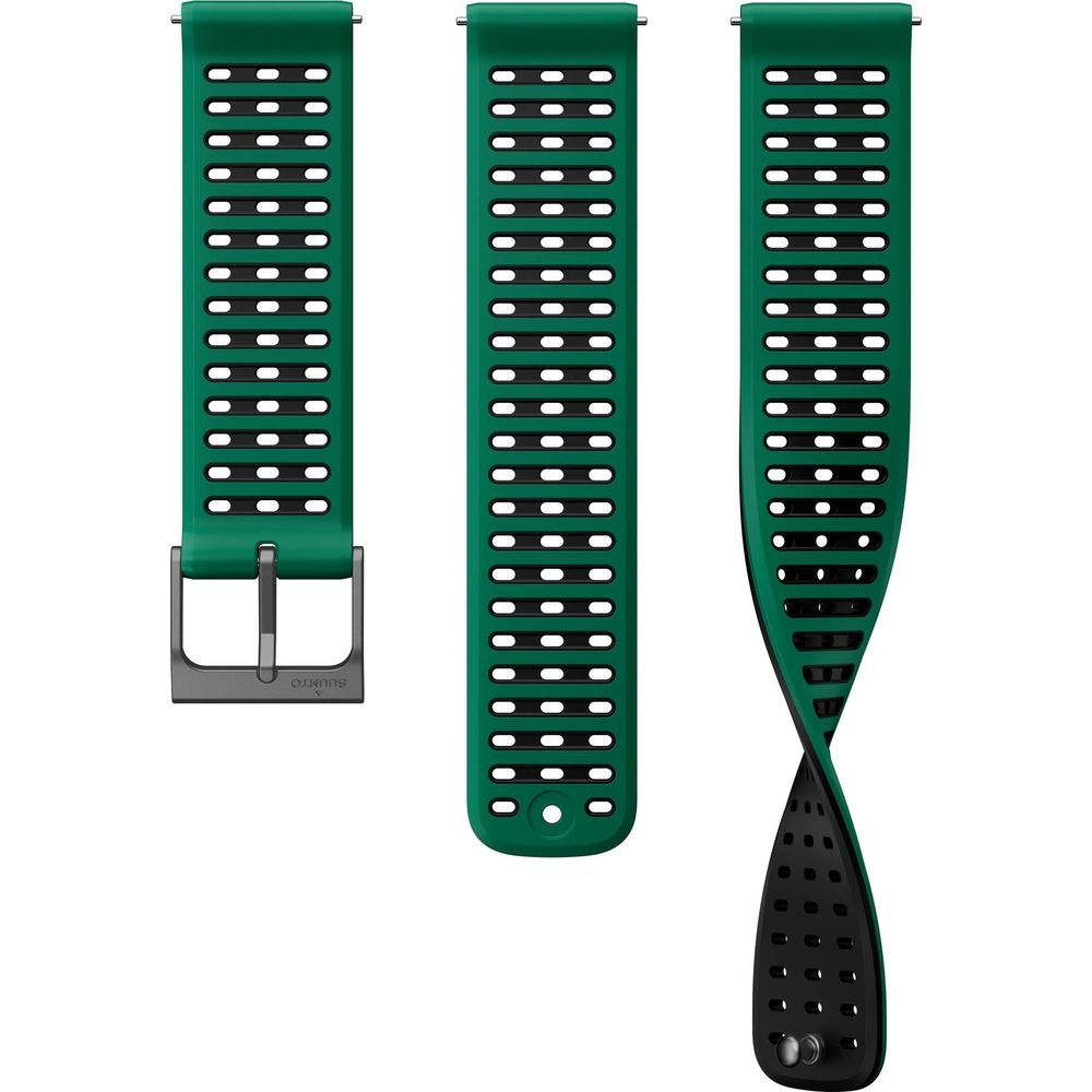 Tre cinturini per orologi verdi con accenti neri e fori. Uno ha una fibbia.