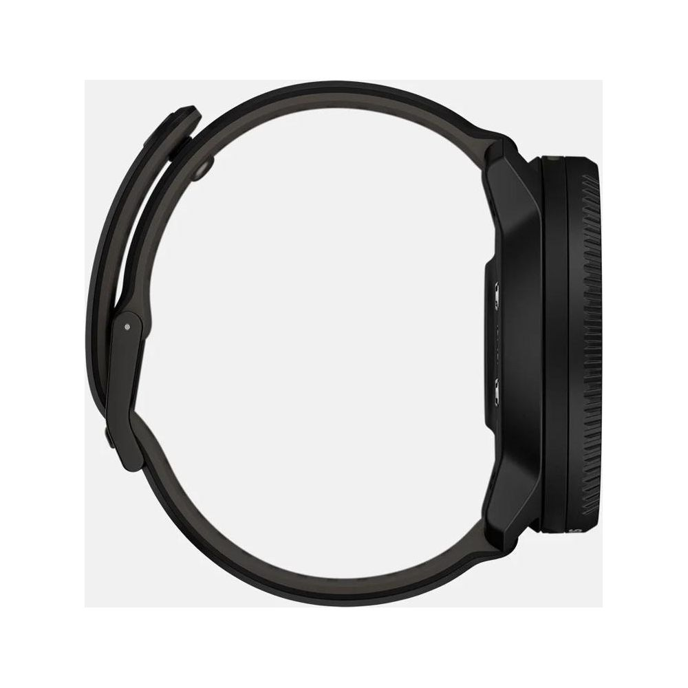 Smartwatch nero con cinturino, mostrato di lato.