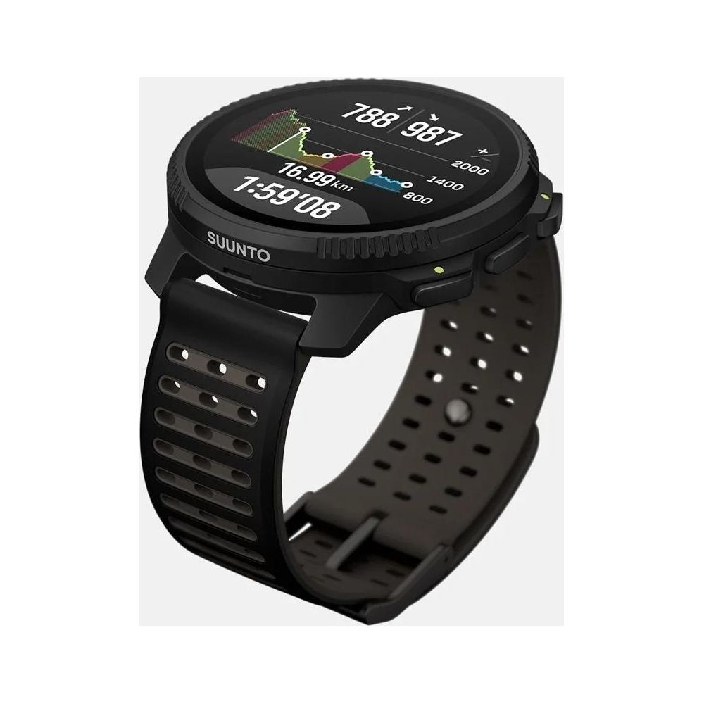Uno smartwatch Suunto nero che mostra dati sportivi sullo schermo.