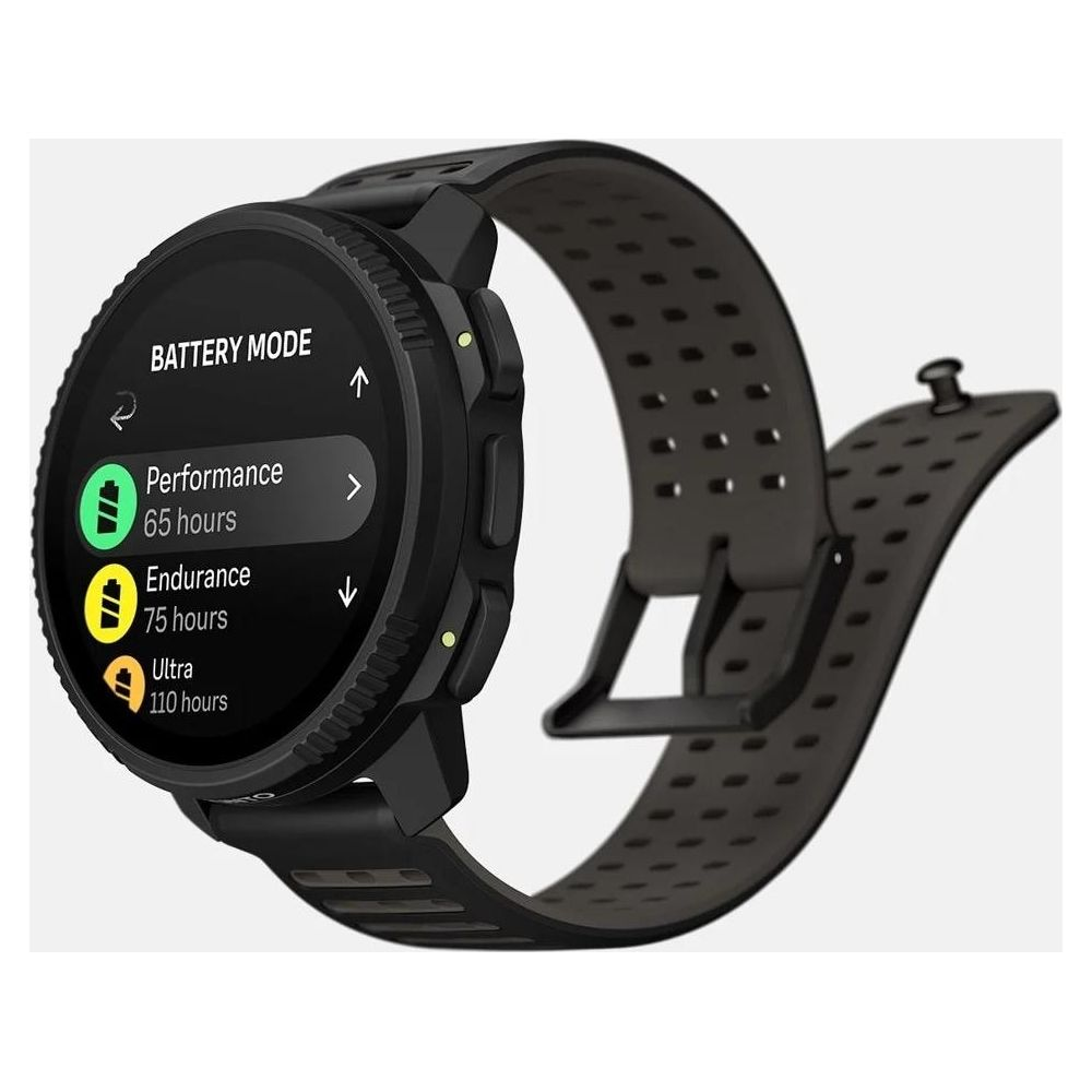Smartwatch nero che mostra le modalità batteria: Performance, Endurance, Ultra.