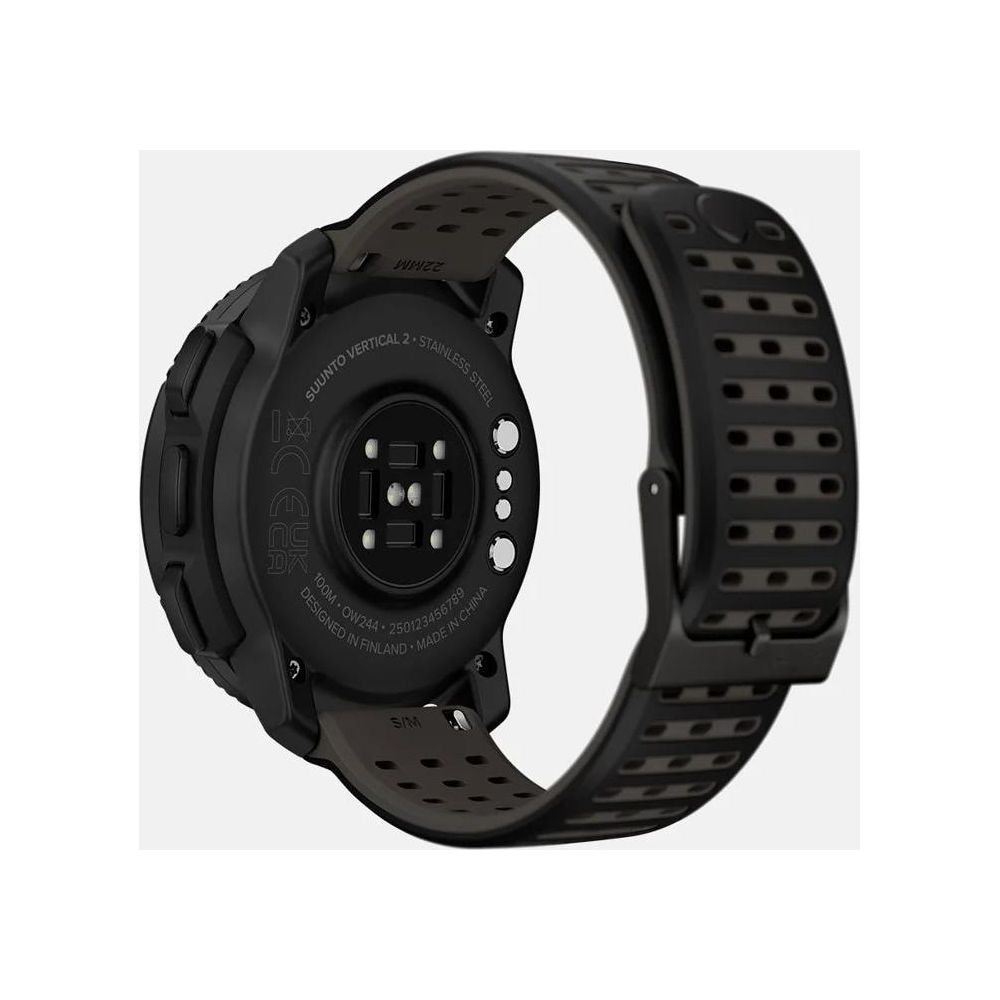 Smartwatch nero Suunto Vertical 2 con lunetta in metallo, sensori cardio e cinturino nero.