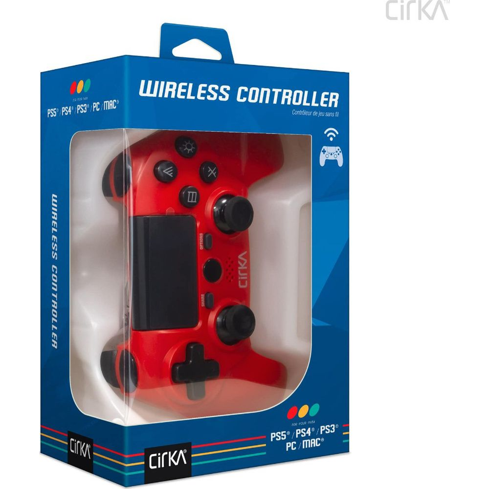 Controller di gioco wireless rosso con touchpad e pulsanti neri nella sua confezione.