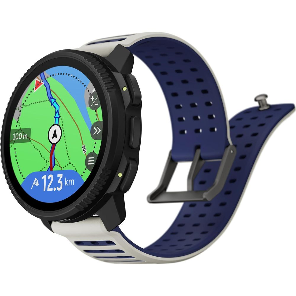 Uno smartwatch con cassa nera, cinturino bianco e blu e display mappa.