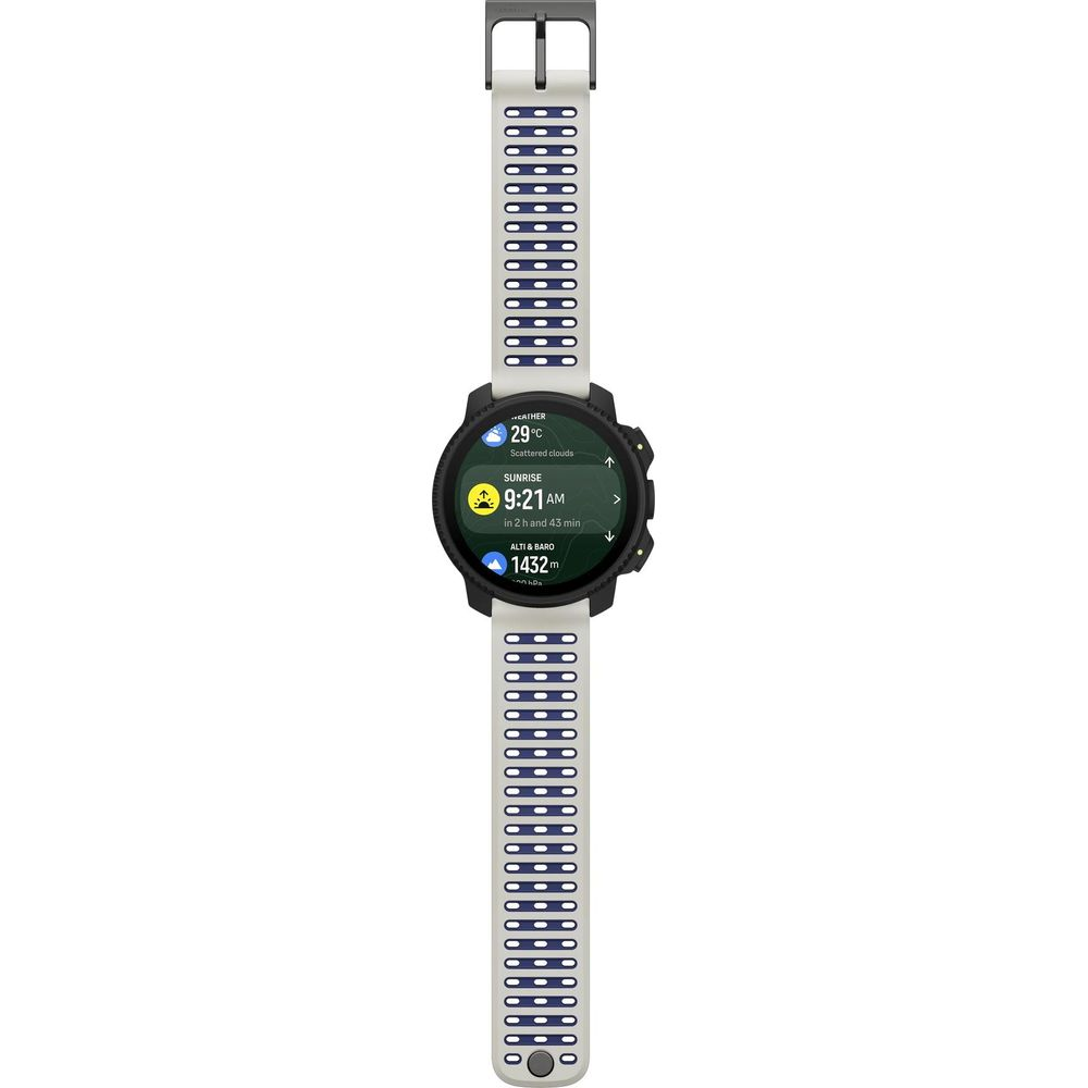 Uno smartwatch bianco con quadrante nero mostra 29C, alba 9:21, altitudine 1432m.