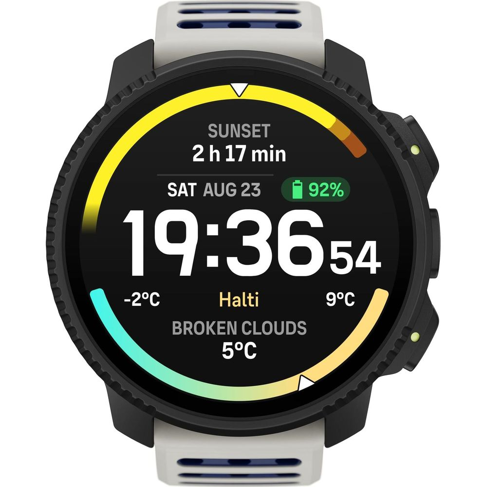 Orologio mostra 19:36, 92% batteria, -2°C e 9°C, tramonto in 2h 17min.