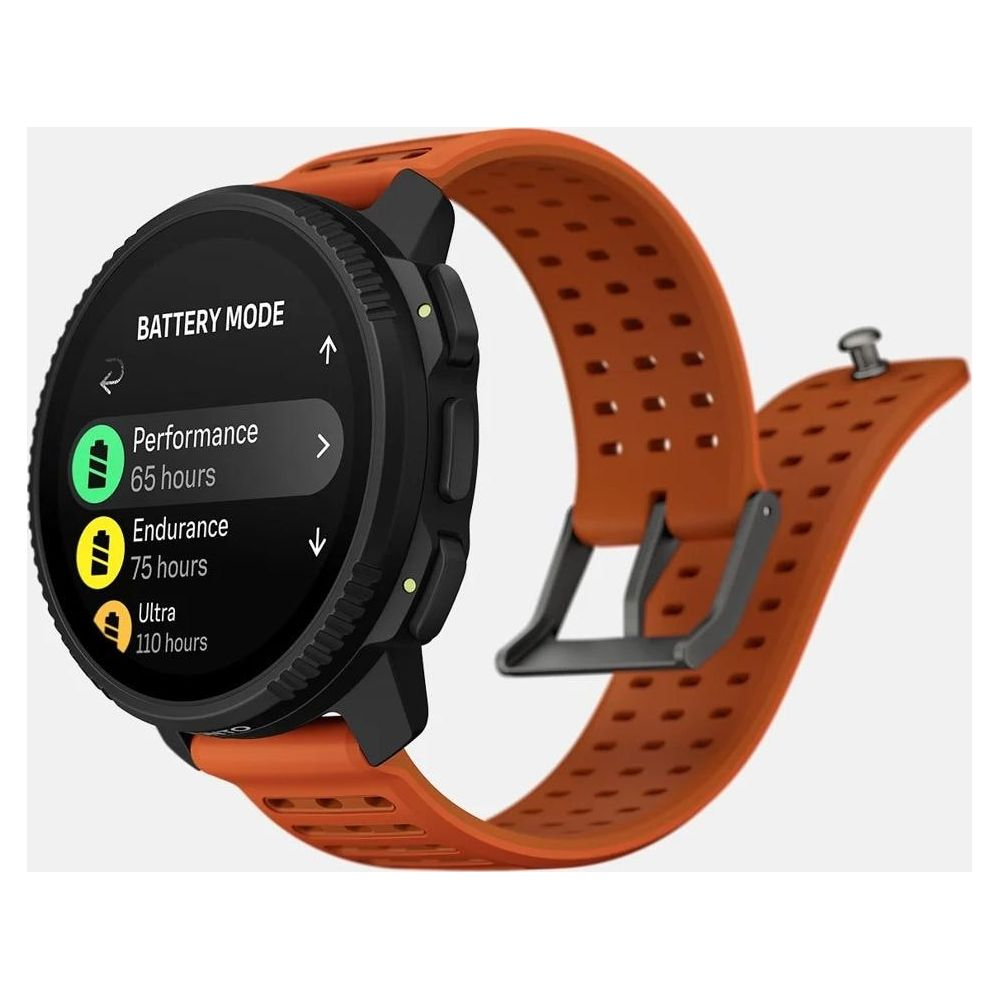 Uno smartwatch con cinturino arancione mostra lo schermo "MODALITÀ BATTERIA".