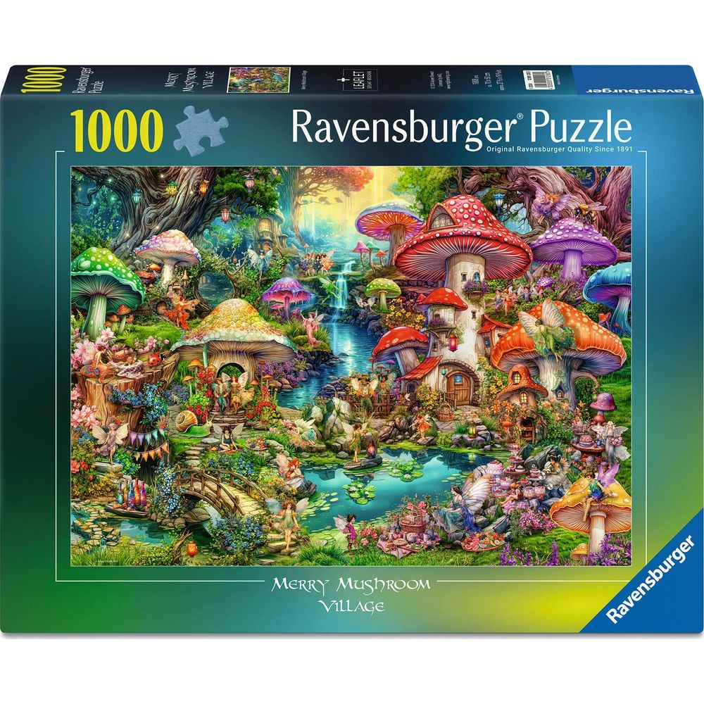Un villaggio fantasy con case a fungo, fate e un fiume. Scatola puzzle Ravensburger.