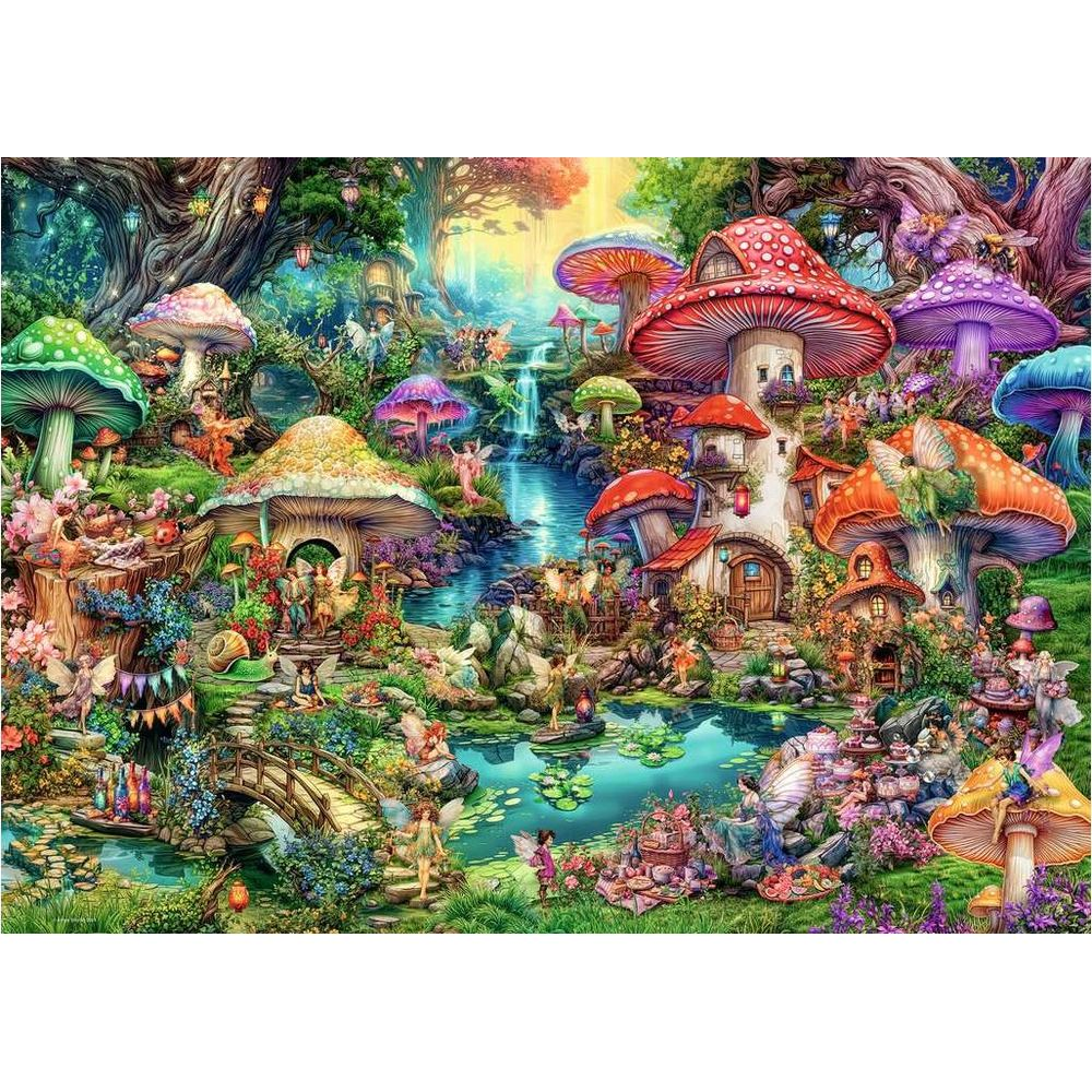 Fate in un magico villaggio di funghi con ruscello e cascata.