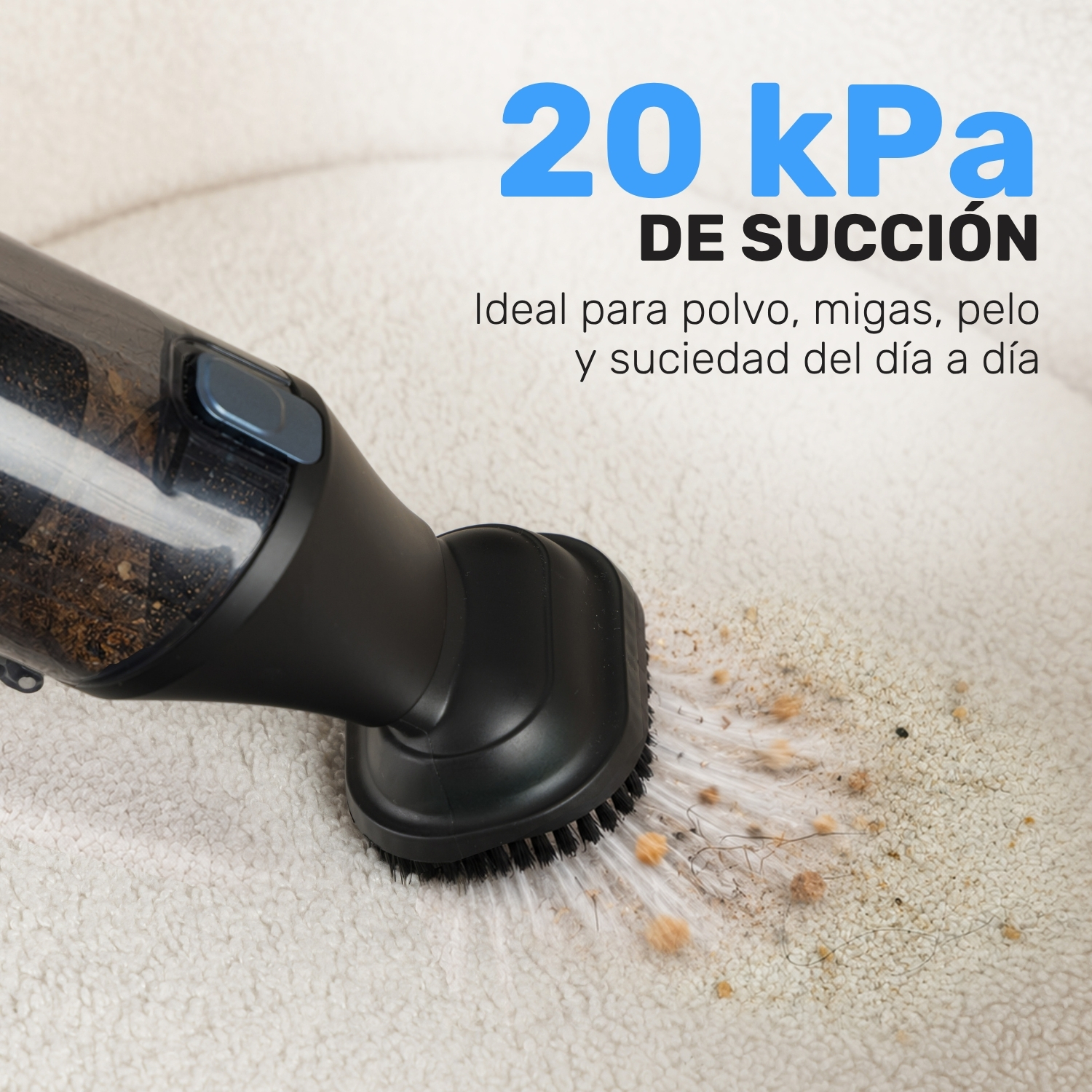 Aspiradora de mano con 20 kPa de succión limpia alfombra de polvo y migas.
