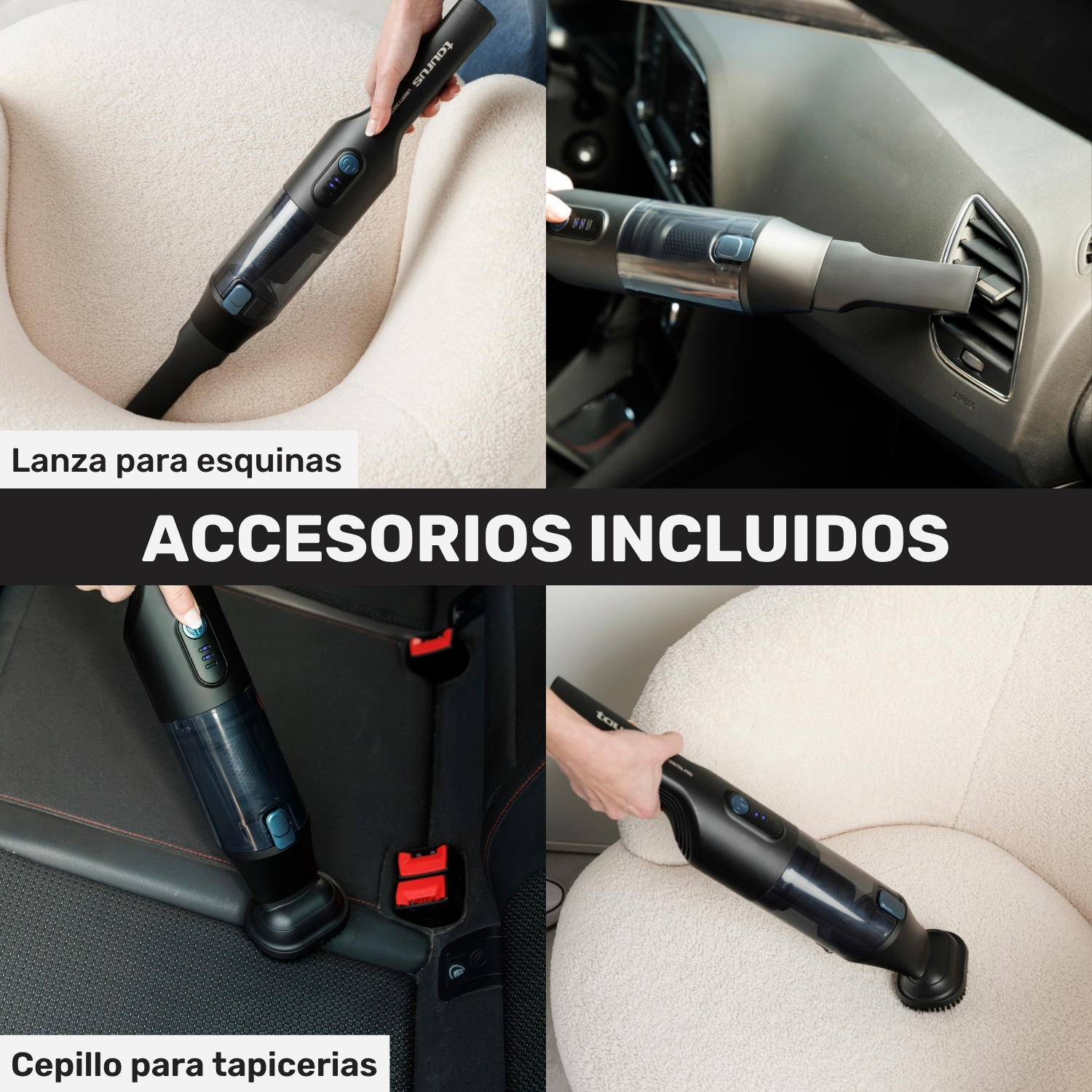 Aspiradora de mano con accesorios para esquinas y tapicería.