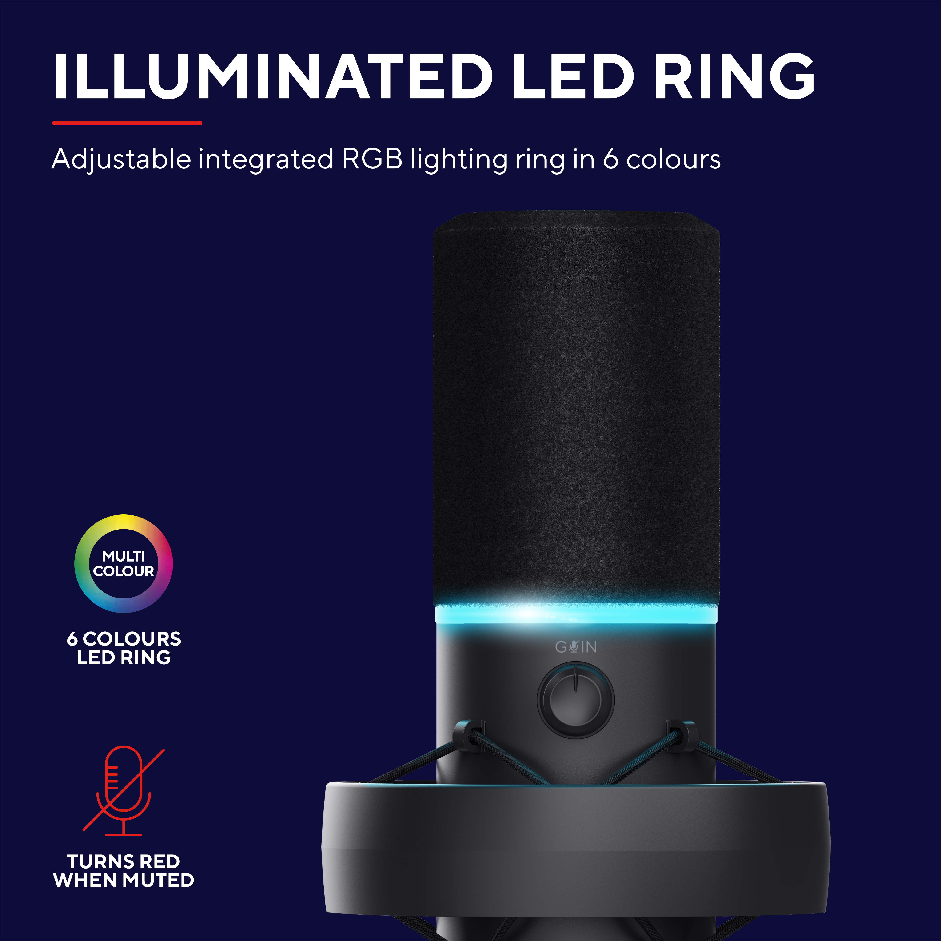 Ein schwarzes Mikrofon mit blau beleuchtetem LED-Ring und Gain-Regler.