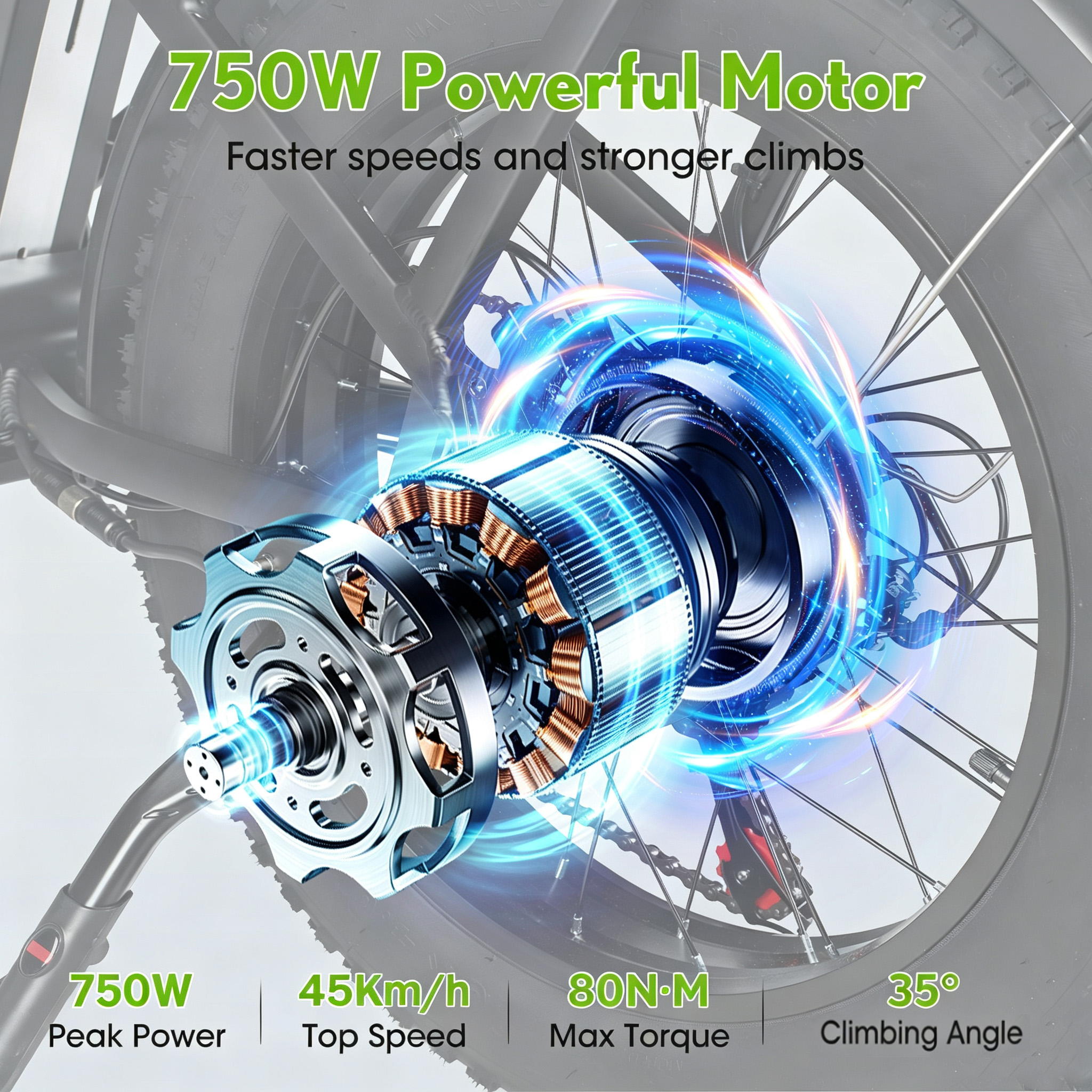 Primer plano de un motor de bicicleta que muestra 750W de potencia, 45 km/h, 80 Nm y ángulo de 35°.