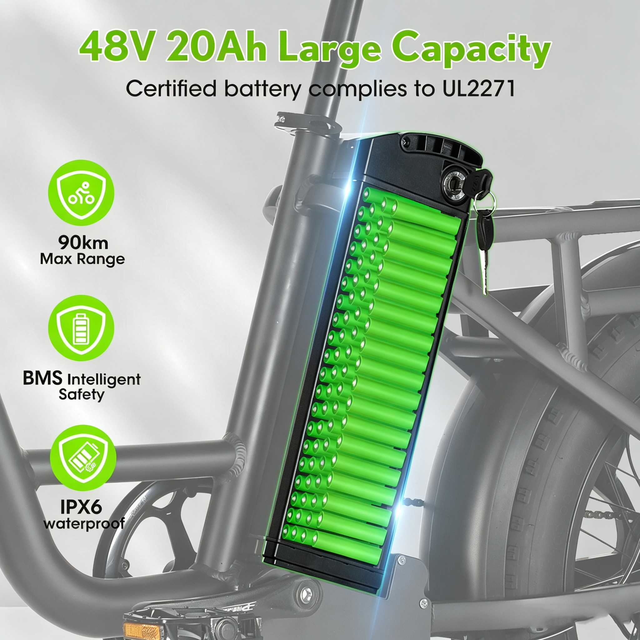 Primer plano de una batería de e-bike de 48V 20Ah con llave.