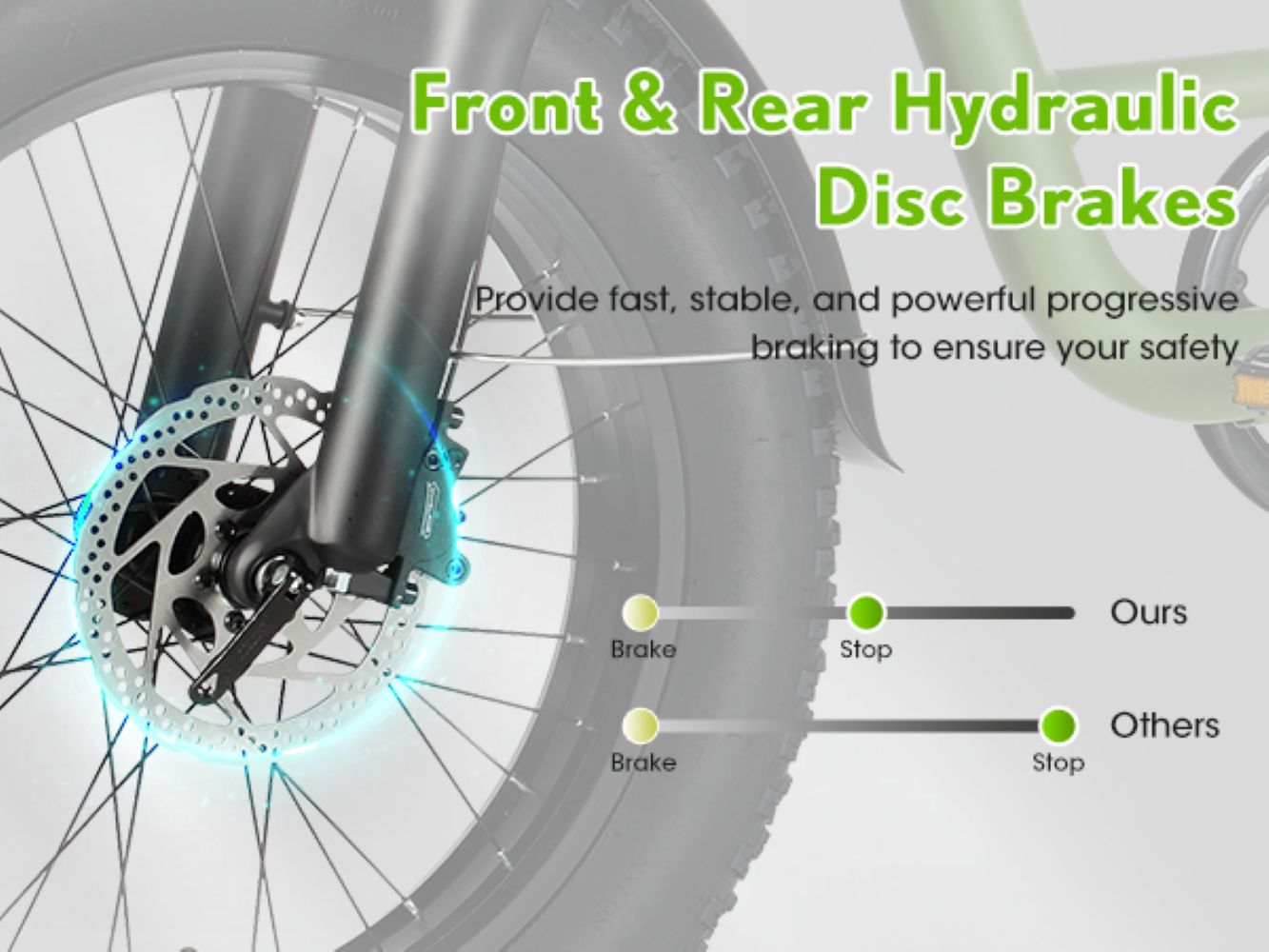 Primer plano de horquilla de bicicleta con freno de disco hidráulico y texto.