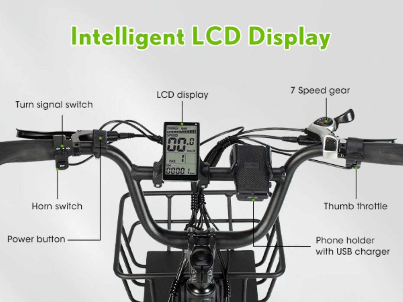 Manillar de e-bike con pantalla LCD, cambio de marchas, bocina y soporte para teléfono.