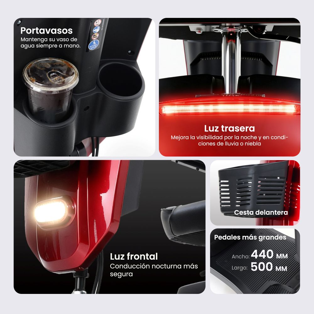 Vistas detalladas de un scooter rojo: portavasos, luz trasera, luz frontal, cesta, pedales.