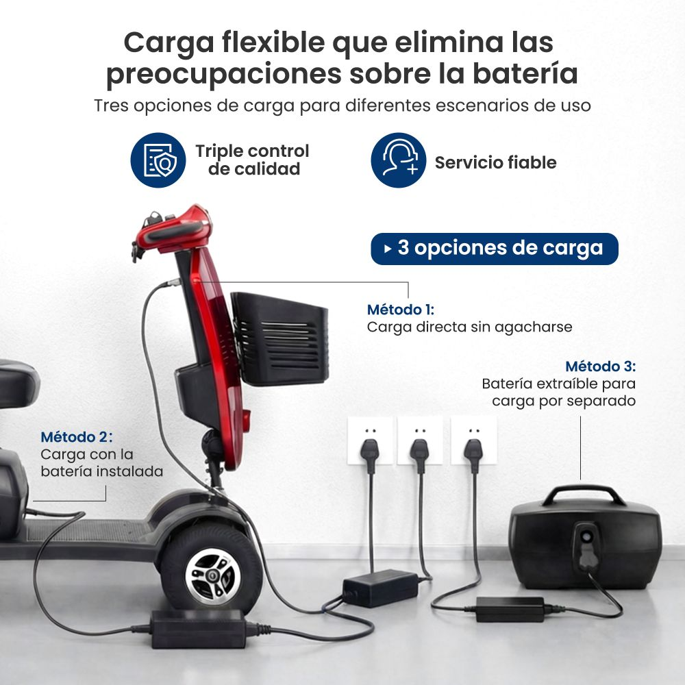 Un scooter eléctrico rojo con tres opciones de carga: directa, con batería instalada o batería separada.