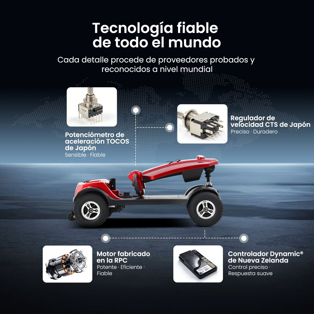 Un vehículo rojo de cuatro ruedas con componentes como motor y controlador.
