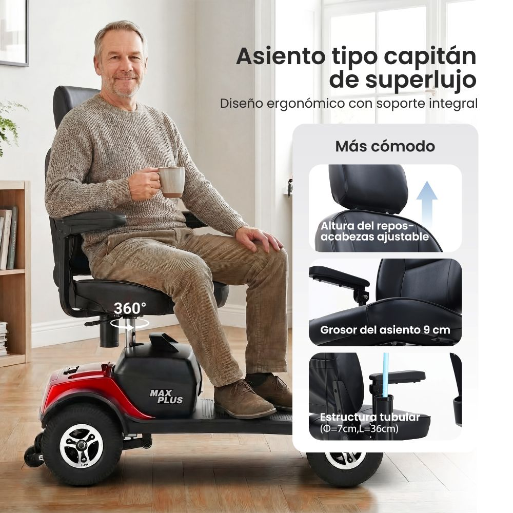 Un hombre se sienta en un scooter de movilidad rojo y negro con asiento y reposabrazos ajustables.
