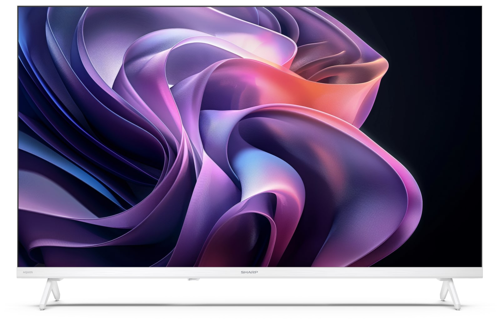 Una TV Sharp Aquos bianca mostra onde astratte viola, rosa e blu sullo schermo.