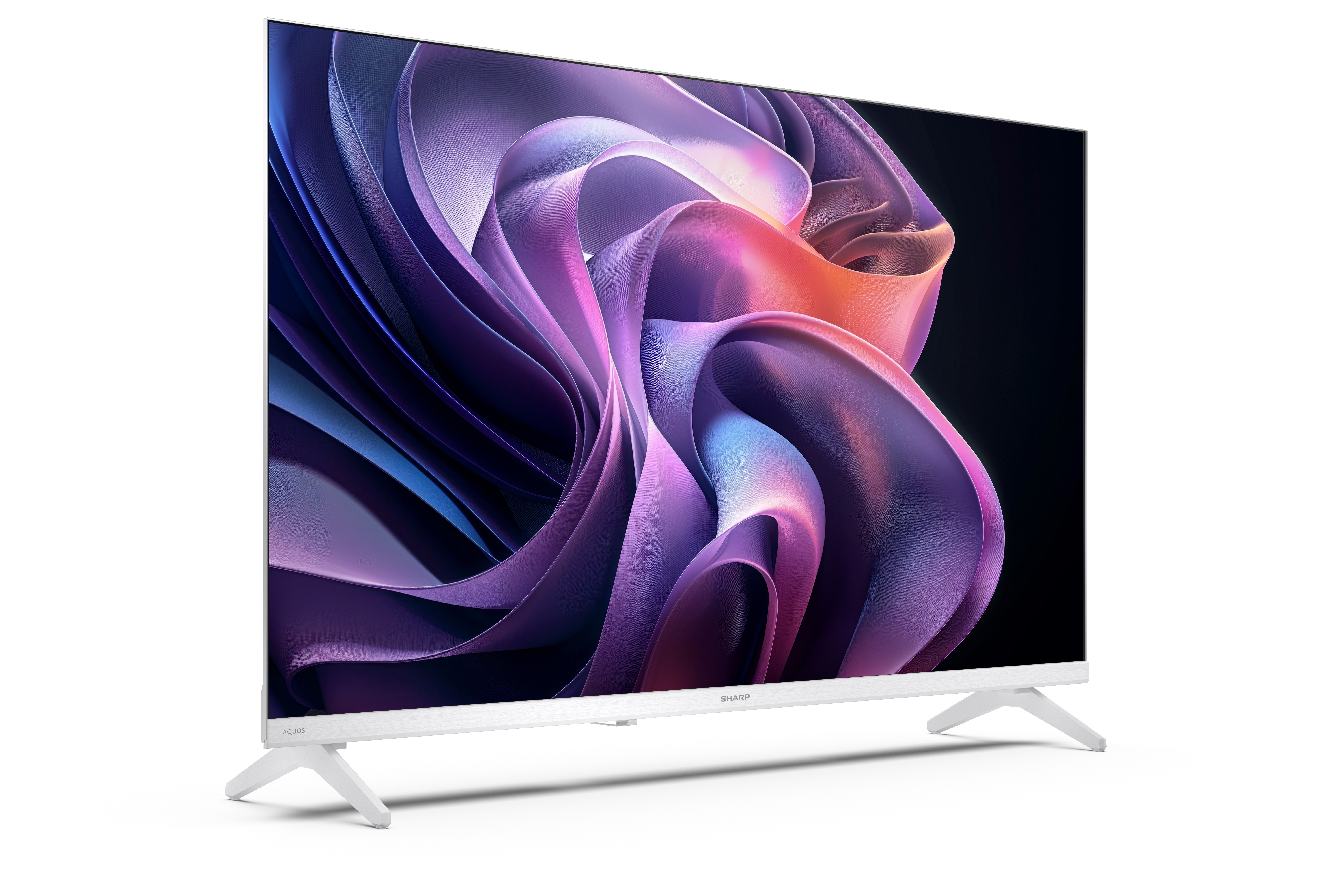 Un televisore bianco con uno sfondo astratto viola e arancione sullo schermo.