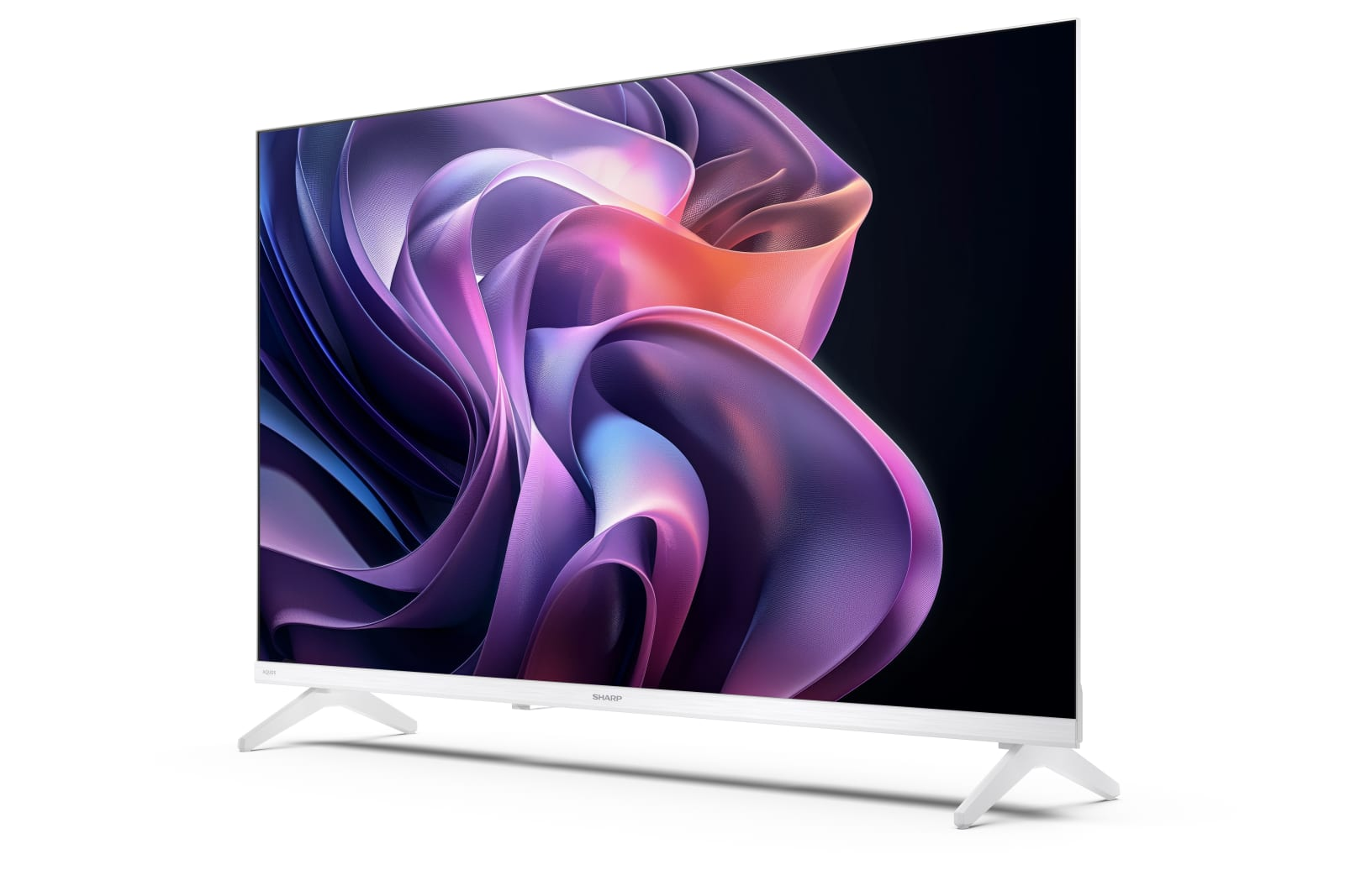 Un televisore Sharp bianco mostra un'immagine astratta colorata con sfumature viola, rosa e arancioni.