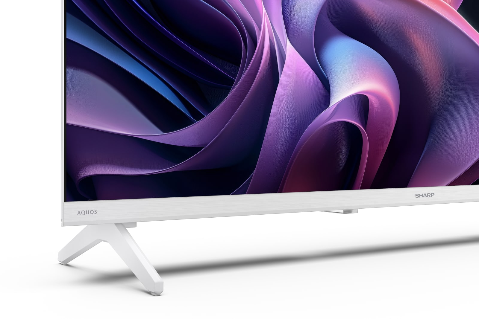 TV bianca AQUOS SHARP con schermo astratto colorato e supporto a V.