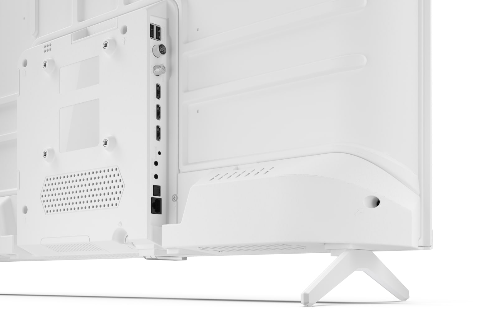 Vista posteriore di una TV bianca con porte, prese d'aria e supporto. Design minimalista.