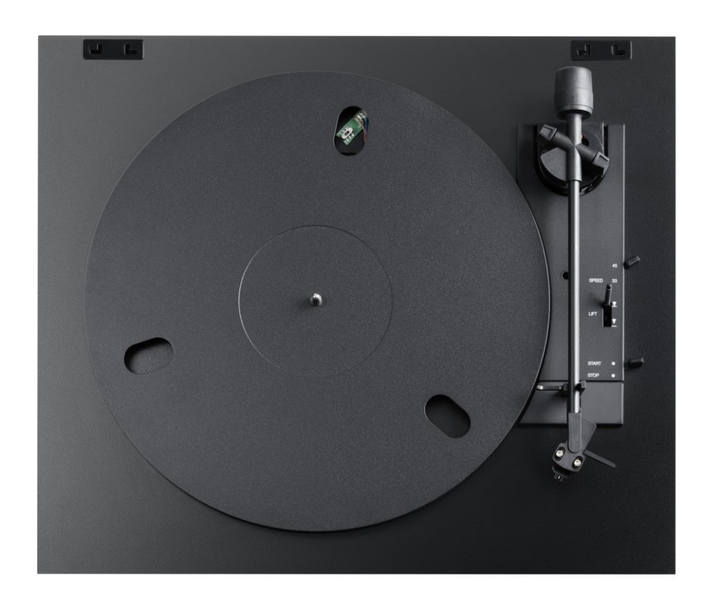 Black turntable with platter, tonearm, and control buttons.